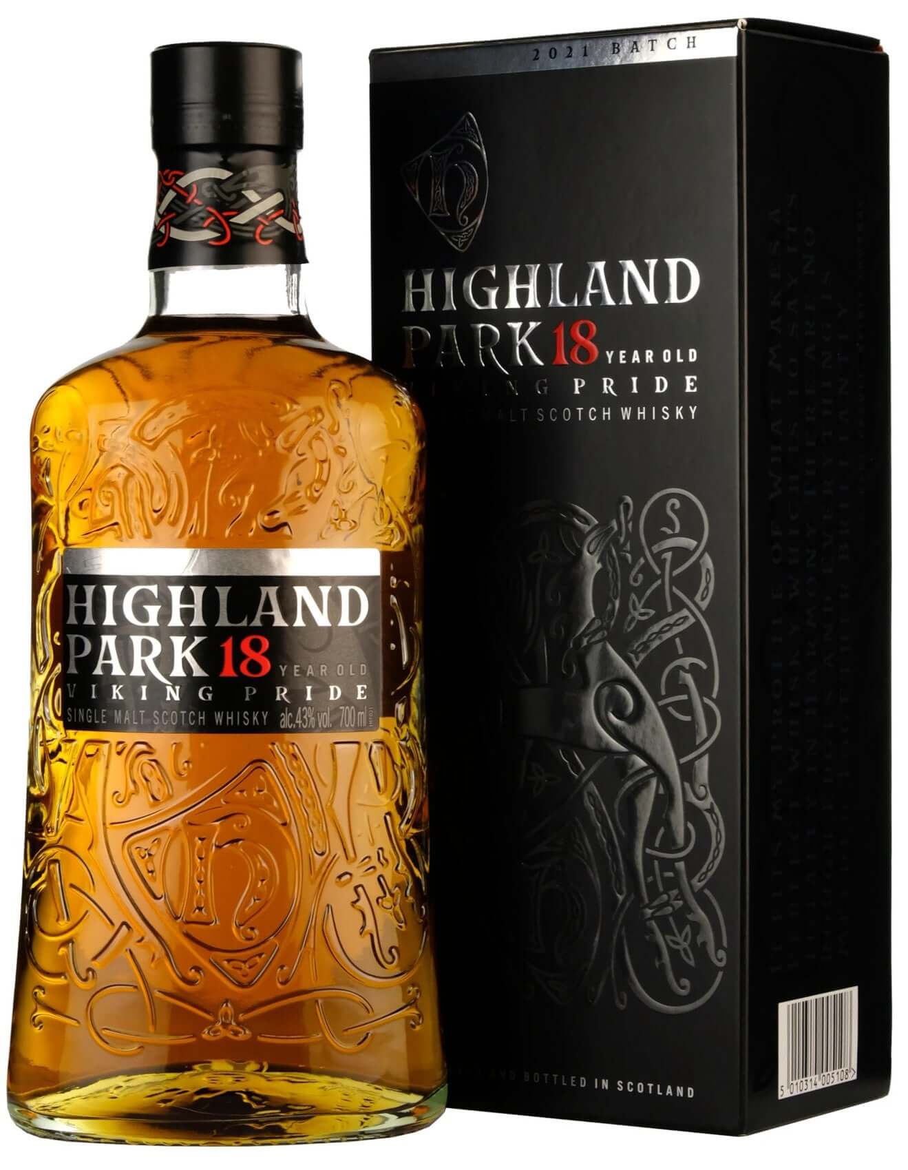 Highland Park 18 year old, Single Malt Whisky, 70cl bottle with intricate design and packaging.