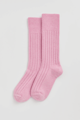 Sugar Pink Merino Bed Socks: Pink merino bed socks in soft, ribbed design for cozy comfort.