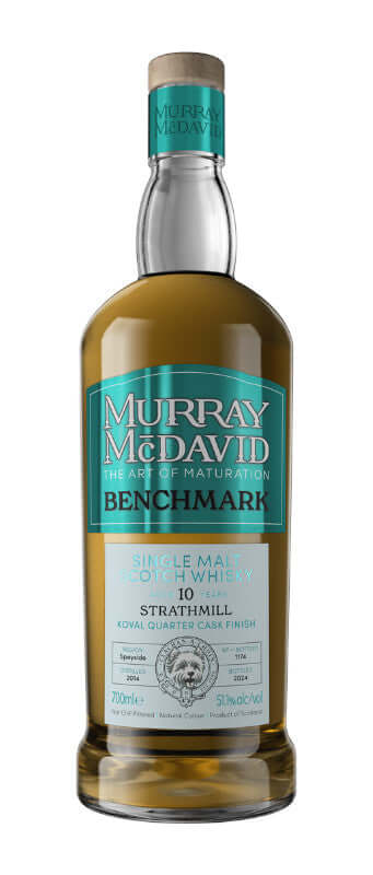 Strathmill 10 year old Murray McDavid Benchmark Koval Quater Cask Finish bottle with a green label and light amber whisky.