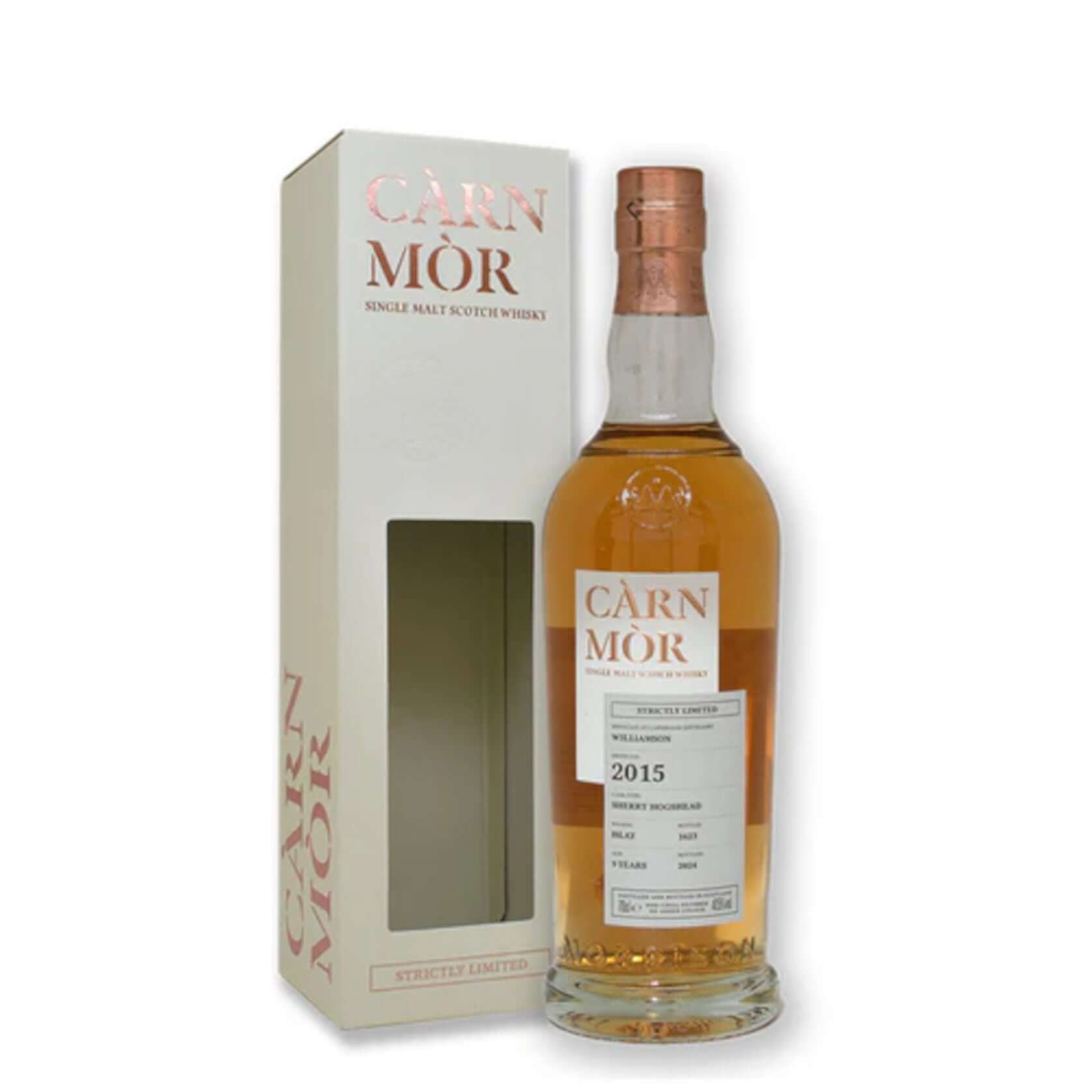 Carn Mor Williamson 9yo, Single Malt Whisky, 70cl in packaging with elegant design.