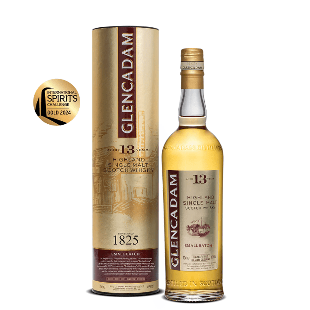 Glencadam 13-year-old Highland Single Malt Scotch Whisky bottle and packaging on a white background