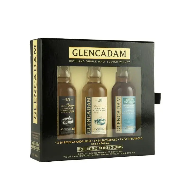 Glencadam Gift Set featuring 15 Year, 10 Year, and Reserva Andalucia whiskies in a stylish box.