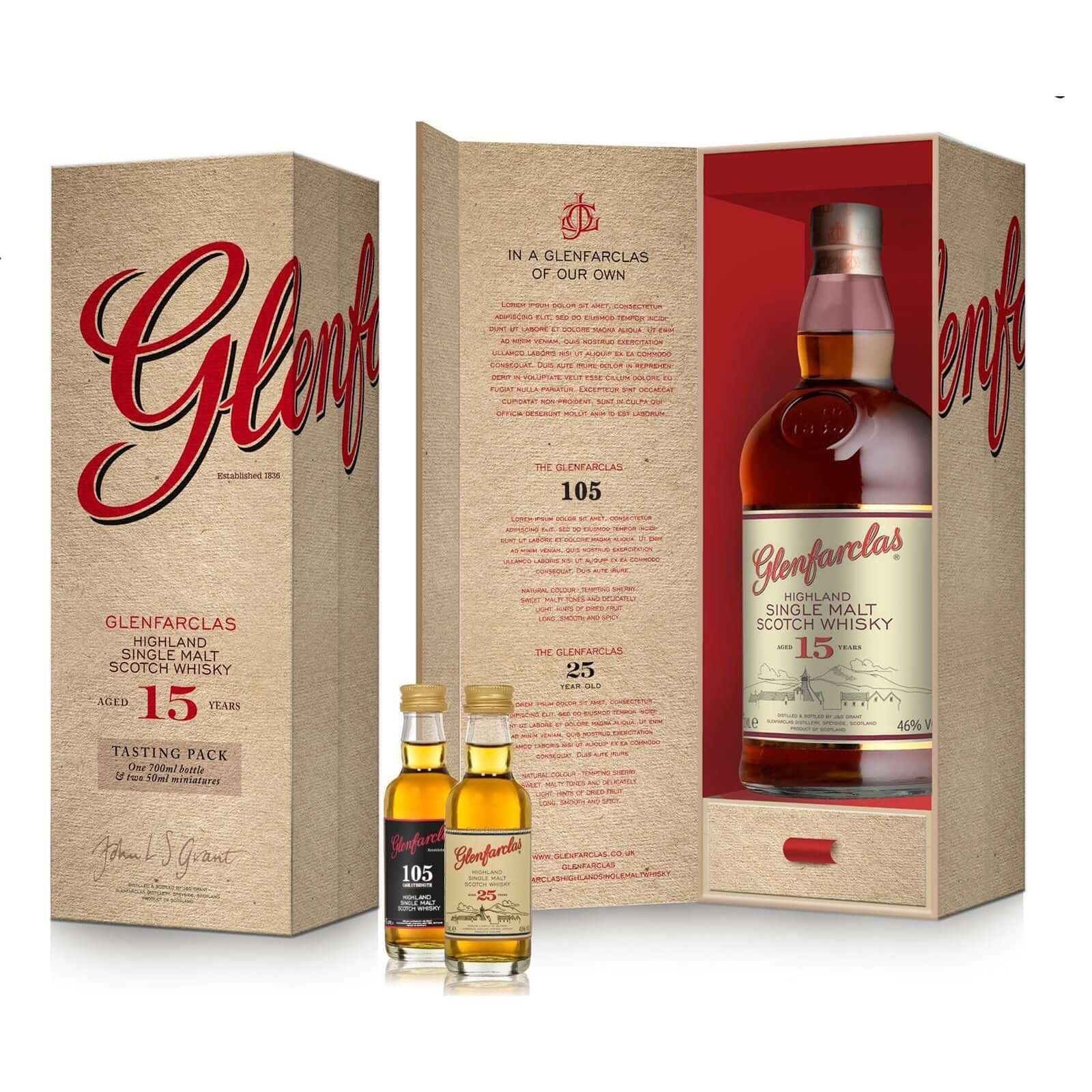 Glenfarclas 15 year old, Single Malt Scotch Whisky tasting pack with miniature bottles.