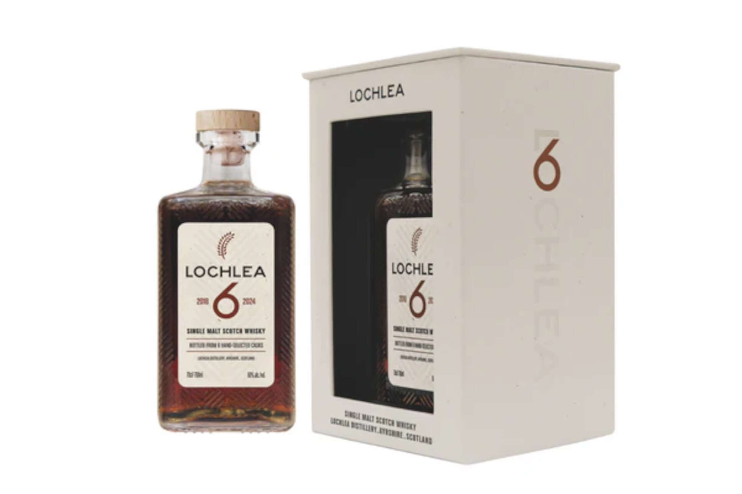 Lochlea 6 year old, 70cl bottle and packaging, limited-edition single malt whisky from Ayrshire, Scotland.