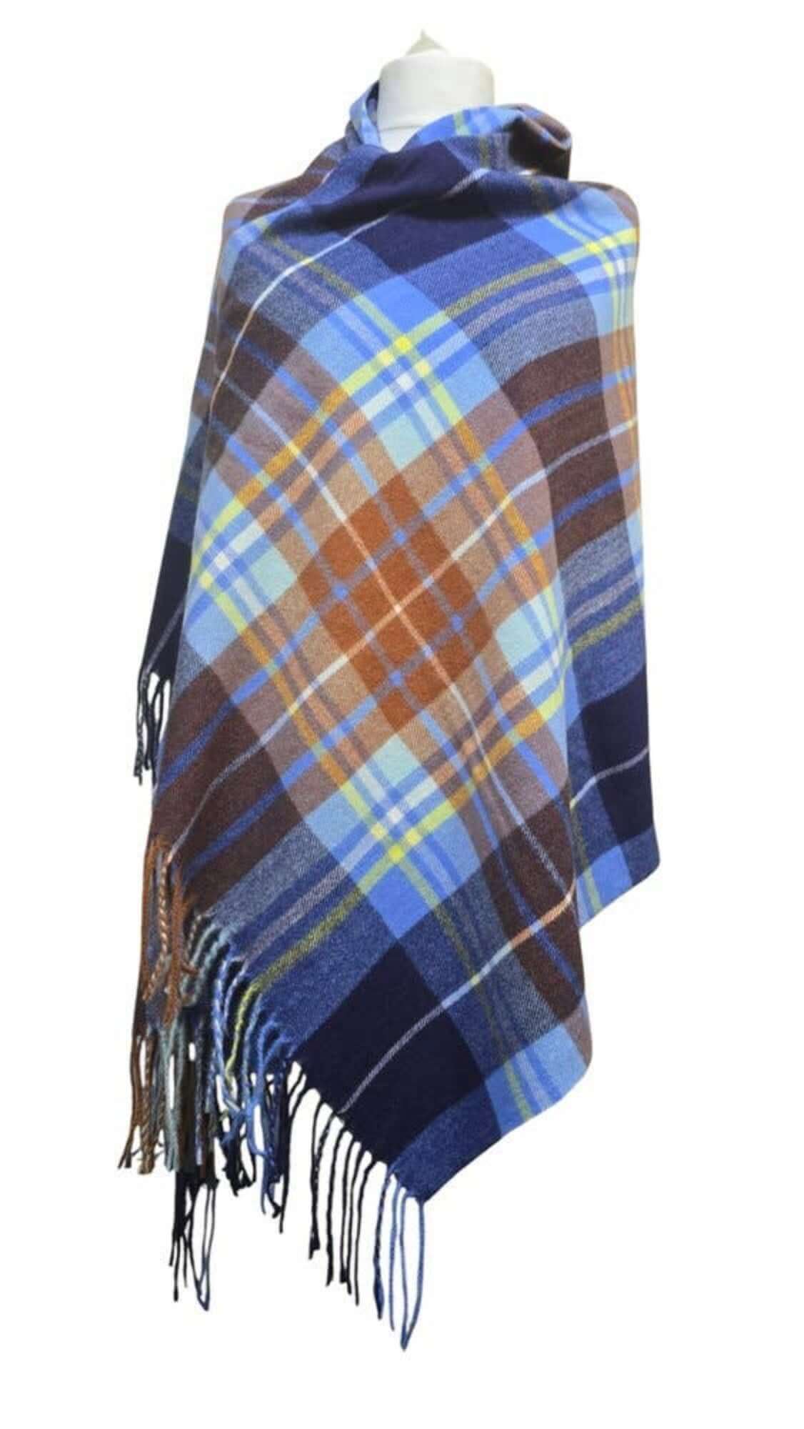 Scottish Tartan Scarf Shawl - Blue, Black, Yellow, Brown, White