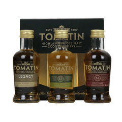 Tomatin Gift Set featuring Legacy, 12 year, and 14 year old whiskies in a gift pack.
