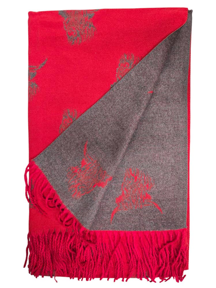 Wool Mix Scarf with Highland Cow Ladies - Red