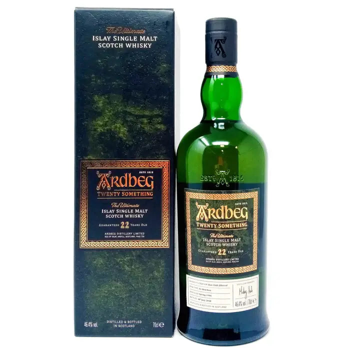 Ardbeg 22 Year old Limited Edition, Single Malt Whisky, 70cl with distinctive green bottle and detailed packaging.