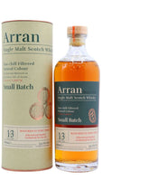 Arran Small Batch 13 year old single malt whisky in bottle and packaging, aged in Ex-Port Pipe casks.