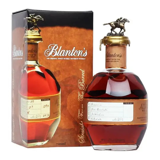 Blanton's Straight from the Barrel, Bourbon, 70cl bottle with packaging displaying details and iconic stopper.