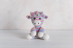 Baby Coo - Crocheted Colourful Highland Cow Toy in Box, bright hand-crafted plush toy for babies.