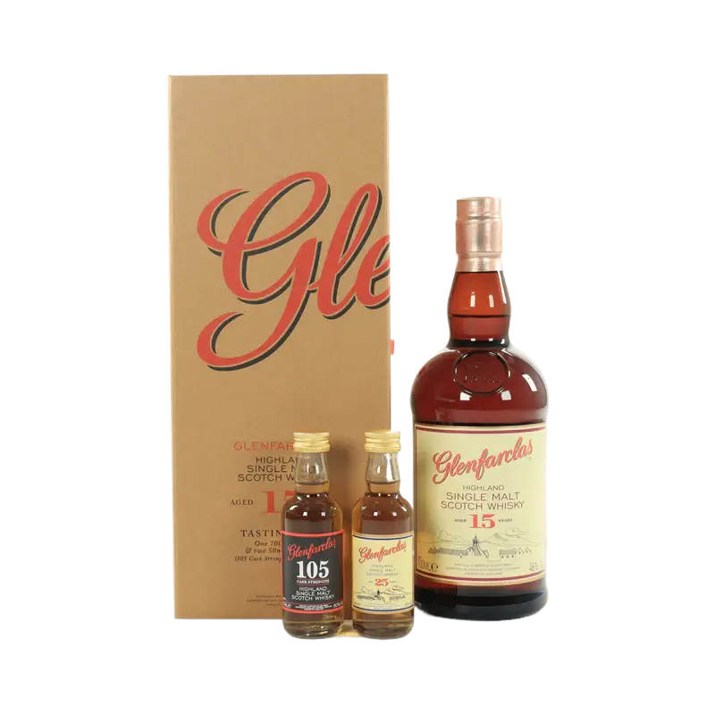 Glenfarclas 15 year old Tasting Pack featuring a full bottle and mini bottles of Glenfarclas whisky.