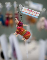 Handmade Highland Cow Keyring - Born and Bred in Scotland, colorful felted keychain in the shape of a hairy cow.