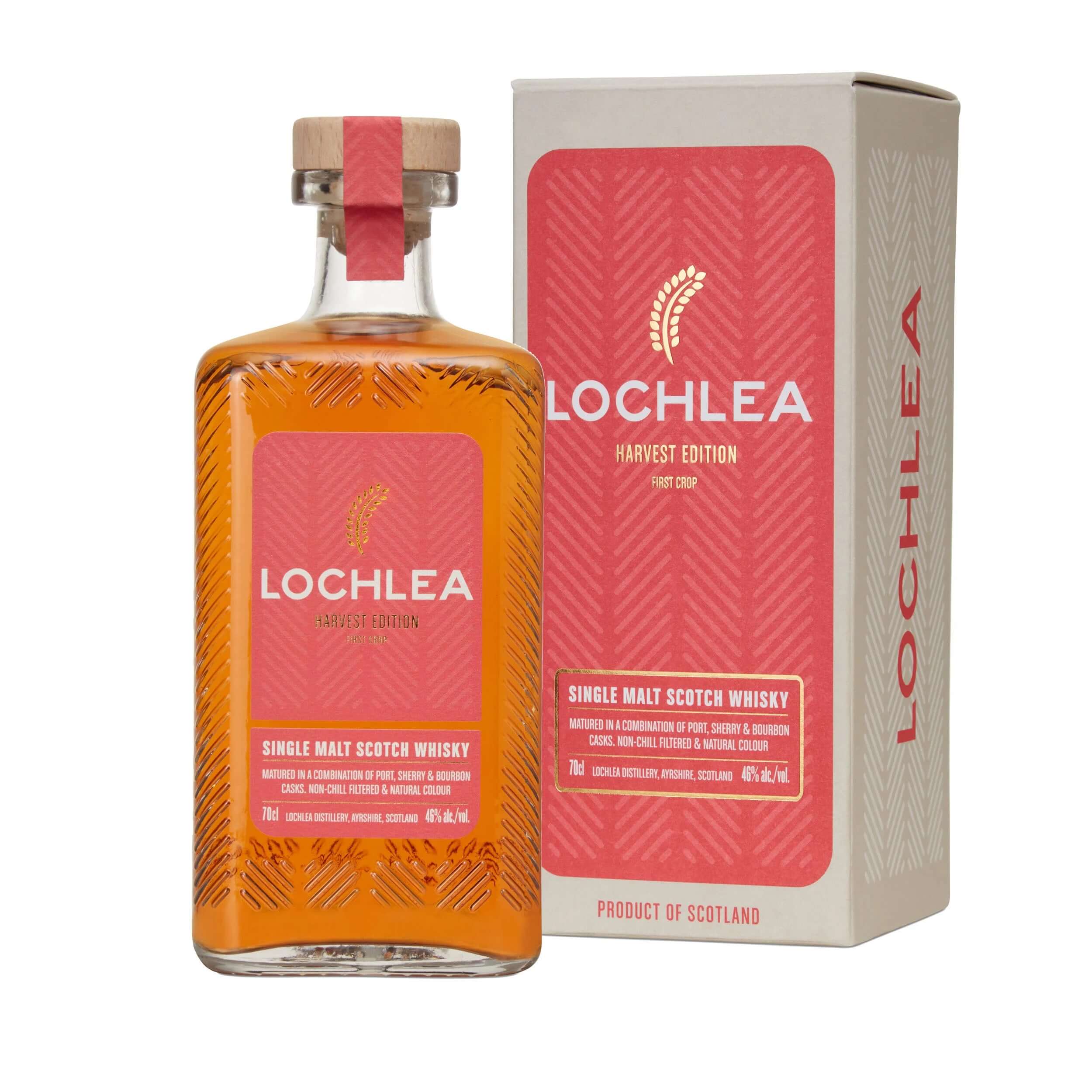 Lochlea Harvest Edition Single Malt Whisky 3rd crop, 70cl bottle and packaging against a white background.