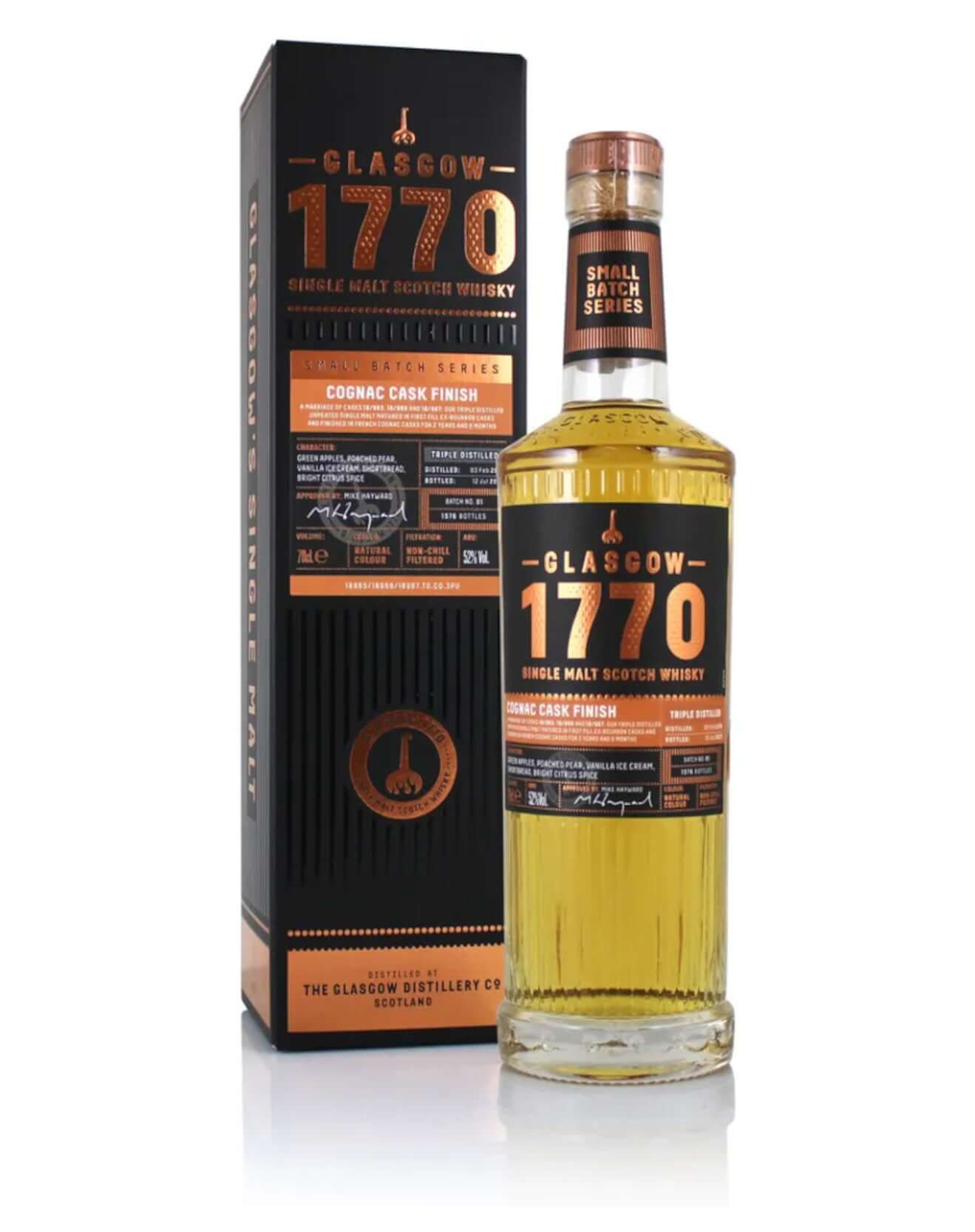 Glasgow Distillery 1770, Cognac Cask tripple Distilled Batch 1, Single Malt Whisky, 70cl bottle with packaging.