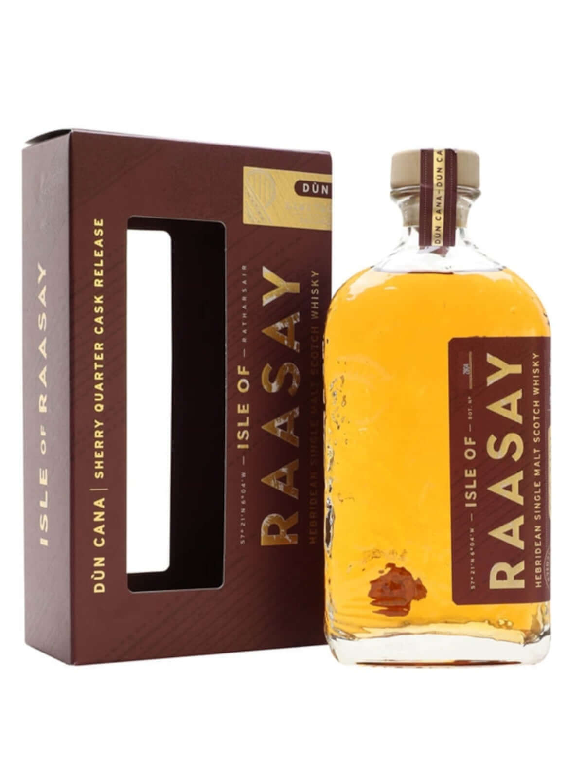 Raasay Hebridean Single Malt Dun Cana, 70cl bottle and packaging from Isle of Raasay distillery.