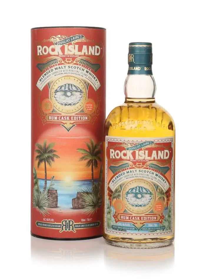 Rock Island Blended Malt, Rum Cask Edition, 70cl featuring a decorative bottle and packaging.
