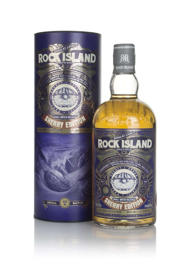 Rock Island Blended Malt, Sherry Edition, 70cl bottle with packaging display.