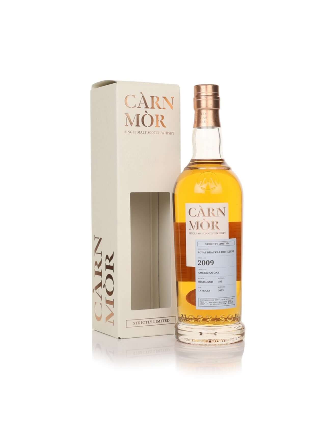 Carn Mor Royal Brackla 13yo, Single Malt Whisky, 70cl with packaging, showcasing its vibrant amber color.