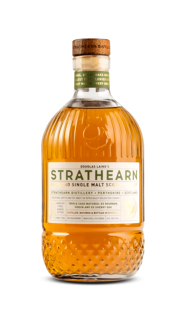 Strathearn Highland Single Malt Whisky, 70cl bottle showcasing its unique design and amber color, from Strathearn Distillery.