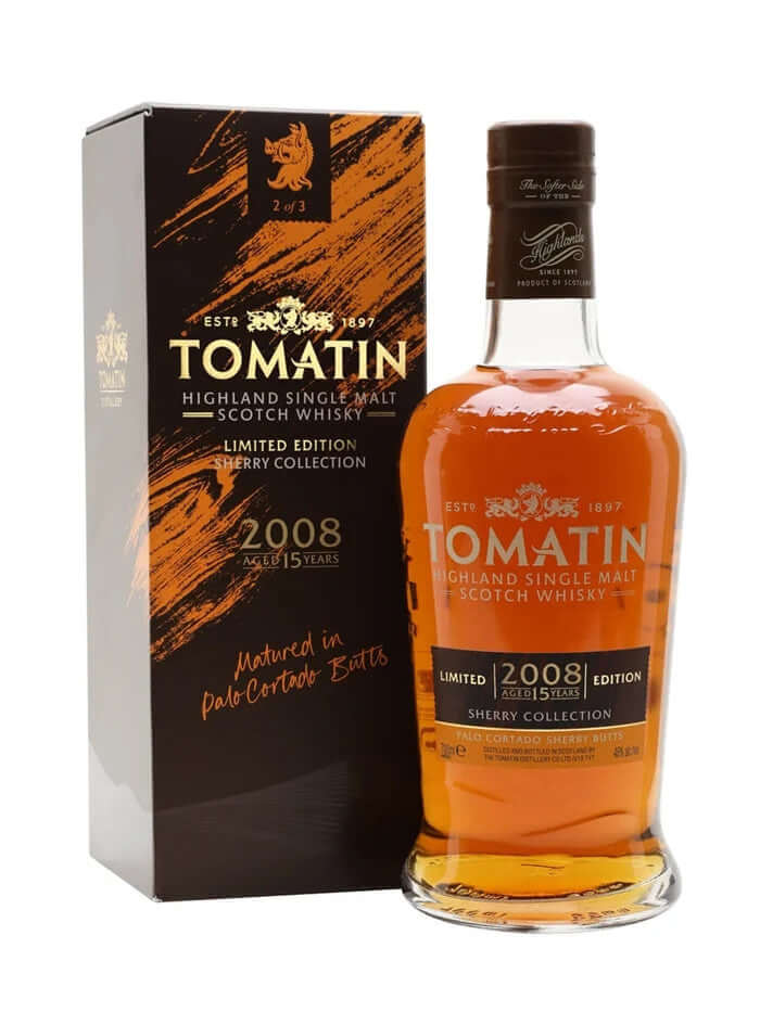 Tomatin 15 Year Old Palo Cortado , Single Malt Whisky, 70cl in limited edition packaging, showcasing its sherry cask influence.