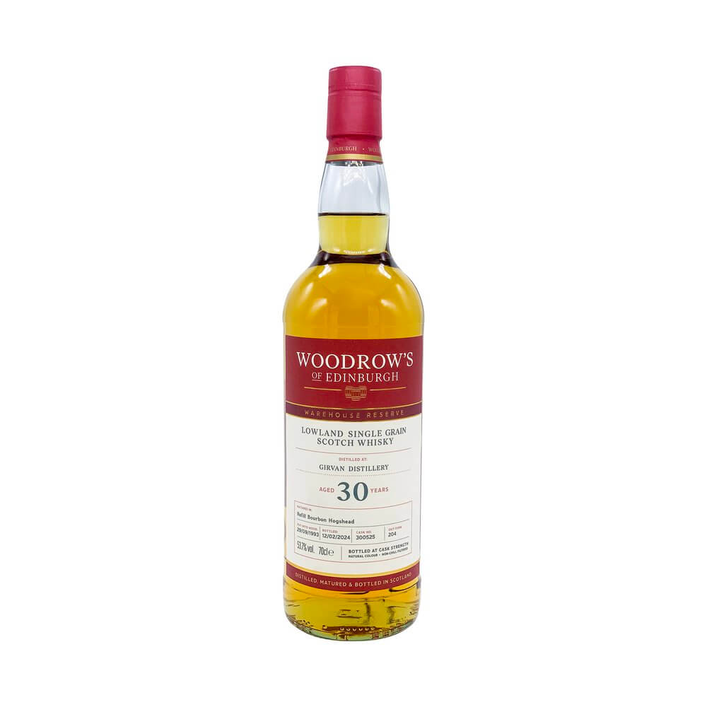 Woodrow's of Edinburgh Girvan 30 year, Single Grain Whisky, 70cl bottle showcasing Lowland Scotch whisky.