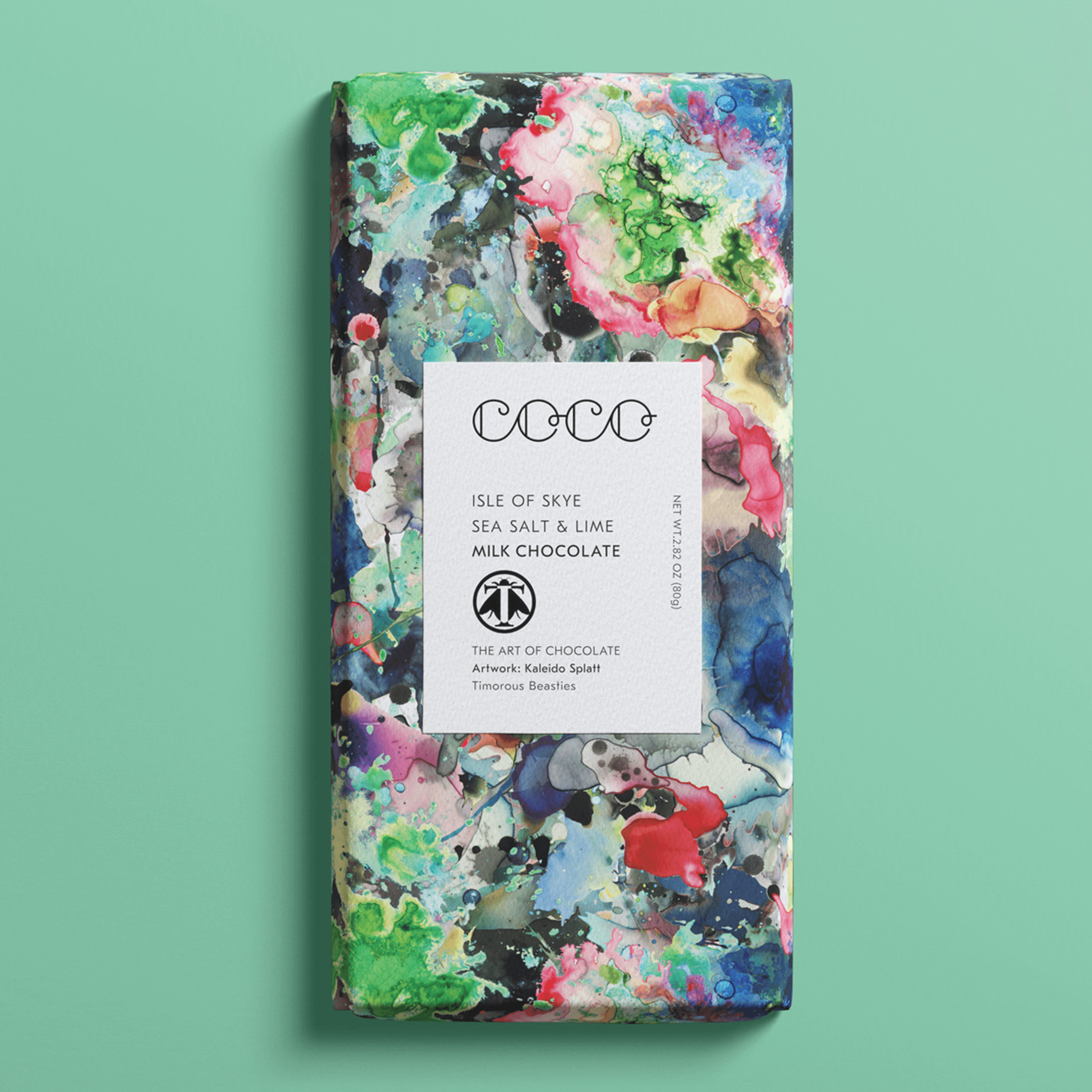 COCO Chocolate - Isle of Skye Sea Salt & Lime Milk Chocolate Bar 80g with Kaleido Splatt design by Timorous Beasties.