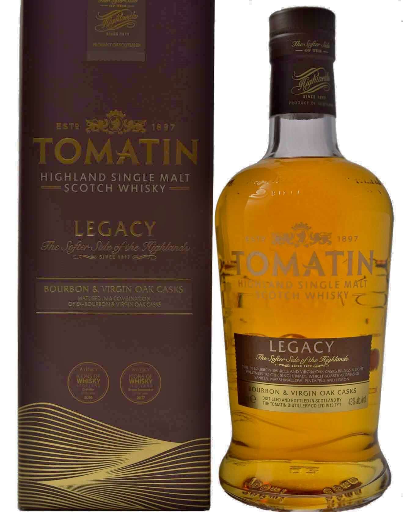 Tomatin Legacy Highland Single Malt Scotch Whisky bottle and packaging on a white background