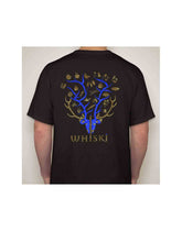 T-Shirt & Cap Bundle Cap Blue featuring blue Flavour Tree design and WHISKI logo on back of black unisex t-shirt.
