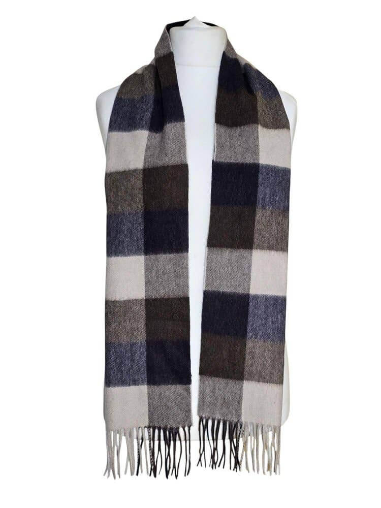 100% Lambswool Ladies Gents Tartan Check Scarf - Grey, Black, Blue, White 