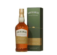 A bottle of Aberargie 1975 Golden Promise single malt Scotch whisky stands next to its dark green and gold packaging box on a plain white background.