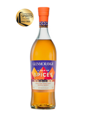 Glenmorangie Spices whisky bottle with a gold award on a white background