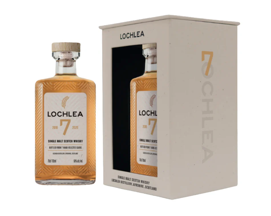 Lochlea 7 Year Old single malt Scotch whisky bottle and packaging, limited edition, 50% ABV.