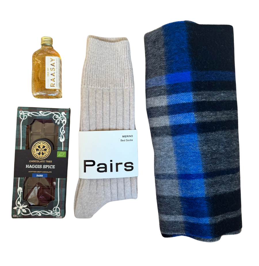 Scottish Gift Hamper with lambswool scarf, socks, scotch whisky and handmade haggis spice chocolate 