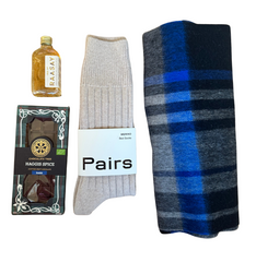 Scottish Gift Hamper with lambswool scarf, socks, scotch whisky and handmade haggis spice chocolate 