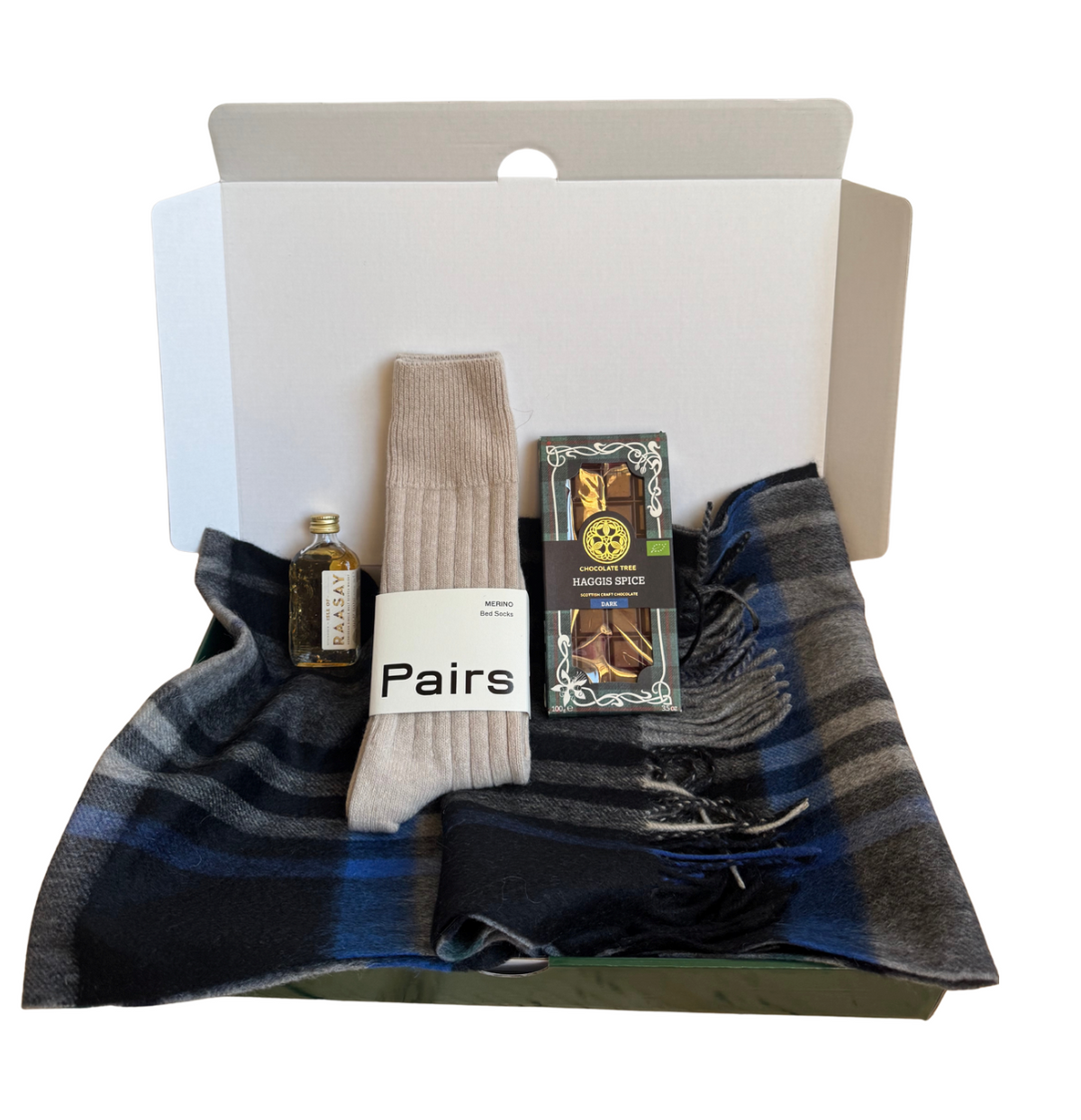Scottish Gift Hamper with lambswool scarf, socks, whisky and handmade chocolate 
