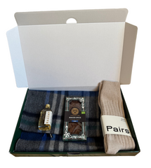 Scottish Gift Hamper with lambswool scarf, socks, whisky and handmade chocolate 