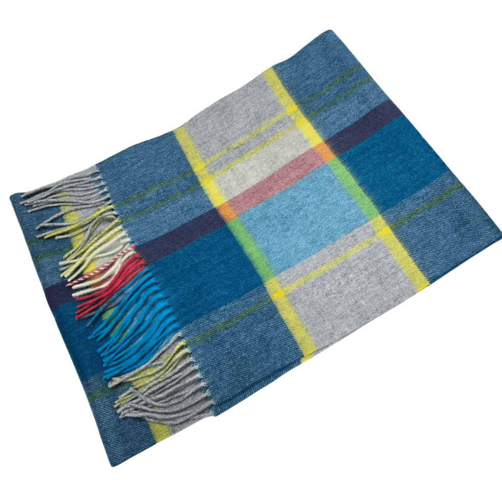 Scottish Lambswool Tartan Scarf in Blue, Yellow, Grey, Red Tartan 