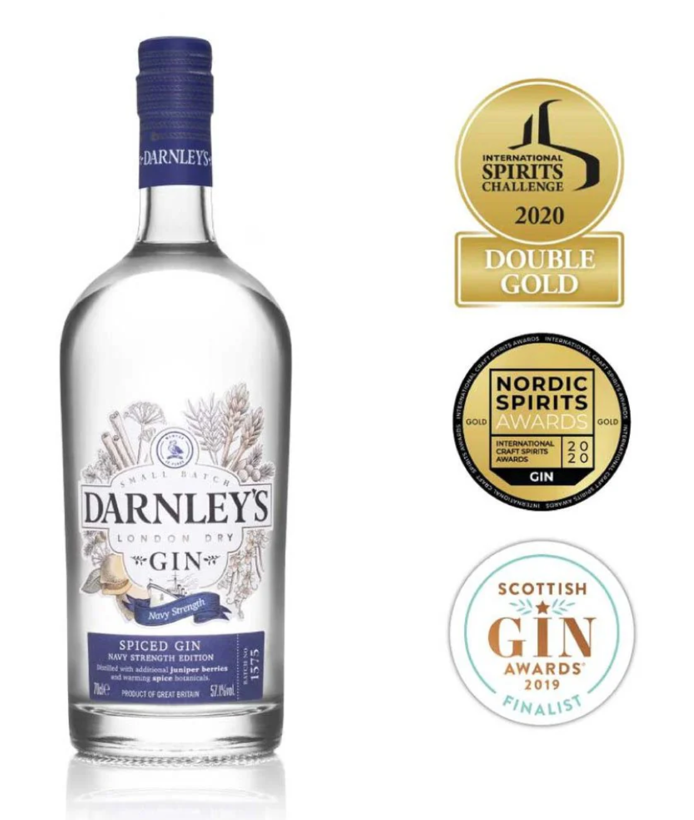Bottle of Darnley's Gin with awards on a white background