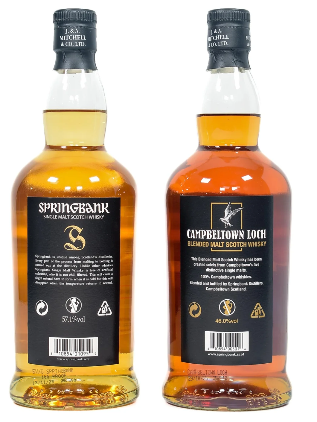 Springbank 5 Year Old 100 Proof & Campbeltown Loch back of bottles