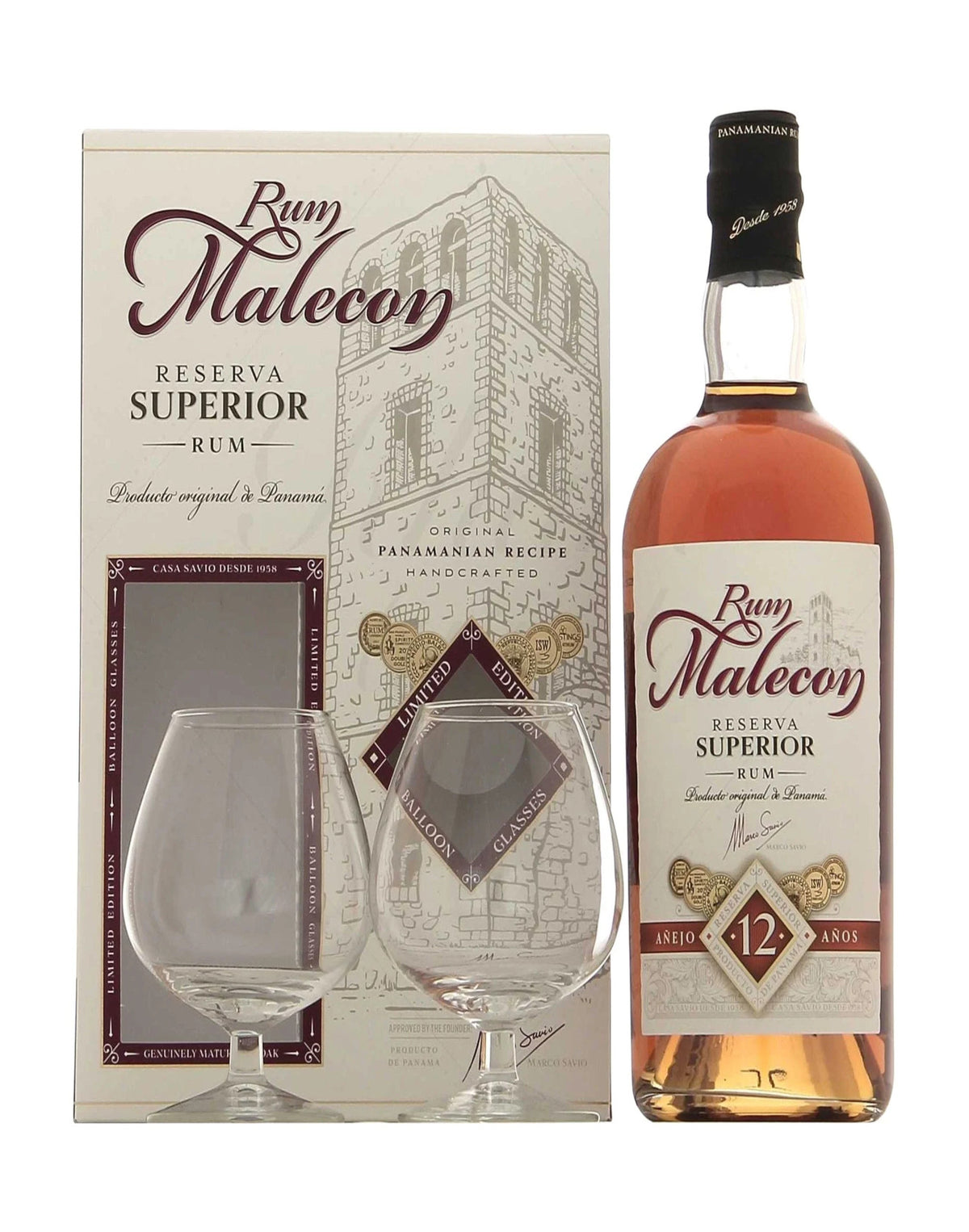 Rum Malecon 12 Year and 2 Glasses Gift Set, Rum, 70cl
